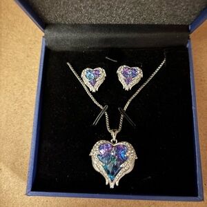 Silver Heart Jewelry Set with Blue and Purple Crystals